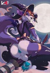 2024 absurd_res anthro anus artist_name blue_anus blue_eyes blue_pawpads broom broom_riding canid canine cleaning_tool clothing dated fangs fur glistening glistening_eyes grin hair hat headgear headwear hi_res looking_at_viewer male male_anthro mammal moon night orange_hair outside pawpads presenting presenting_anus presenting_balls purple_body purple_clothing purple_fur purple_hat purple_headwear purple_topwear short_hair smile solo teeth text topwear vesper_art white_body white_fur witch_hat