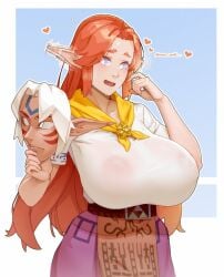 1girls big_breasts blush bowser_brooch breasts breasts_bigger_than_head breasts_visible_through_clothing child_bearing_hips cremia dress elf_ears embarrassed female female_focus female_only fierce_deity_link heart-shaped_pupils hips huge_breasts hylian hylian_ears large_breasts long_hair majora's_mask malon materclaws nipples nipples_visible_through_clothing no_bra ocarina_of_time pointy_ears red_hair solo solo_female solo_focus sweat the_legend_of_zelda thick translucent translucent_clothing triforce wide_hips