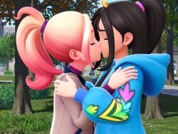 3d ai_generated black_hair blue_clothing duro_(pokemon) gamefreak kissing lesbian_kiss lida_(pokemon) not_porn pokemon pokemon_legends:_z-a taunie_(pokemon) townie_(pokemon) yallahs80 young_female yuri