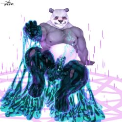 1:1 anthro balls bared_teeth bear blue_cum blush bodily_fluids colored_cum cum dust_yang erection front_view fur genital_fluids genitals giant_panda grey_body grey_fur hi_res humanoid_genitalia humanoid_penis male male_anthro male_only mammal narrowed_eyes nipples nude one_eye_closed penis ritual simple_background sitting solo unusual_bodily_fluids unusual_cum unusual_genital_fluids white_background white_body white_fur