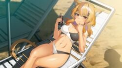 animal_ear_fluff animal_ears bare_arms bare_shoulders blonde_hair blurry breasts chair crossed_legs eyebrows_visible_through_hair feet_out_of_frame female hair_ornament hairclip looking_at_viewer medium_breasts navel sitting smile solo sports_bra squchan_(vtuber) stomach tail thighs underwear virtual_youtuber vyugen
