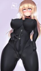 1futa black_bodysuit blonde_hair blush bodysuit breasts bulge cameltoe collar color commentary_request covered_nipples cowboy_shot cum cum_in_clothes cum_on_body cum_on_upper_body cum_through_clothes cumdrip ejaculation_under_clothes erect_nipples erection erection_under_clothes eyebrows_visible_through_hair futa_only futa_sans_balls futanari hair_between_eyes highres intersex kubiwa_(kutan) kutan large_breasts long_hair looking_at_viewer original penis purple_background pussy pussy_juice red_eyes skin_tight solo