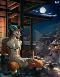 absurd_res anthro balls big_fangs black_hair black_markings black_nose black_sclera blue_eyes blue_markings canid canine dragon fangs fox fur genitals glistening glistening_eyes grin hair hi_res hybrid male male_anthro mammal markings moon muscular muscular_anthro muscular_male mythological_creature mythological_scalie mythology night nude orange_body orange_fur partially_submerged rive_the_freakhound scalie sitting smile snow solo spread_legs spreading teeth towel towel_around_waist vesper_art white_balls white_body white_fur
