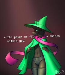 1boy 2d anthro anthro_male anthro_only blush bulge caprine clothed clothing deltarune english_text floppy_ears fur furry furry_male furry_only goat hat headgear horn humanoid humanoid_male humanoid_only legwear male male_only mammal mostly_nude navel olthar ralsei robe scarf sharp_teeth skinny solo standing stockings teeth text undertale_(series) underwear video_games