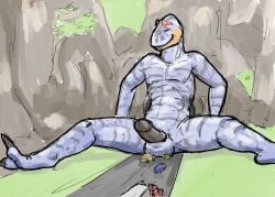 2012 abs allosaurid allosaurus anthro balls balls_on_car black_penis blue_body blue_car blue_skin claws colored dinosaur erection genitals green_car heavy_truck humanoid_genitalia humanoid_penis jeri_kleinlowe macro macro_male male male_only micro mountain navel nipples nude_macro penis prehistoric_species reptile road scalie semi-trailer_truck sitting smile solo spread_legs spreading teeth theropod toothy_grin truck tunnel vehicle yellow_car