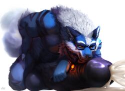 anthro auto_penis_lick balls big_balls big_penis black_penis blue_body blue_fur bodily_fluids canid canine cum cumshot dust_yang ear_piercing ejaculation erection eyewear fur gauged_ear genital_fluids genitals glasses huge_balls huge_cock humanoid_genitalia humanoid_penis hyper hyper_genitalia hyper_penis inner_ear_fluff jewelry kris_(aolun) licking male mammal masturbation muscular muscular_anthro muscular_male narrowed_eyes necklace nude open_mouth oral oral_masturbation orange_eyes penile penile_masturbation penis piercing rectangular_glasses self_lick simple_background solo tongue tongue_out tuft wearing_glasses white_background white_inner_ear_fluff