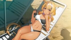 animal_ear_fluff animal_ears bare_arms bare_shoulders blonde_hair blurry breasts chair crossed_legs eyebrows_visible_through_hair feet_out_of_frame female hair_ornament hairclip looking_at_viewer medium_breasts navel sitting smile solo sports_bra squchan_(vtuber) stomach tail tanned thighs underwear virtual_youtuber vyugen
