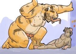 2012 anthro balls belly brown_body brown_fur brown_hair claws colored duo erection felid flaccid fur genitals hair humanoid_genitalia humanoid_penis hybrid imminent_vore jeri_kleinlowe larger_pred long_tongue lying male male/male mammal mouse murid murine musclegut muscular navel nipples on_side open_mouth orange_body orange_fur overweight overweight_male pantherine penis pinned purple_background reptile rodent scalie sharp_teeth simple_background size_difference snake striped_body striped_fur stripes teeth tiger tongue white_background