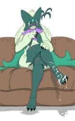 absurd_res ambiguous_gender anthro black_claws blush bodily_fluids claws crossed_legs cum cum_on_feet feet fur furniture generation_9_pokemon genital_fluids green_body green_fur hi_res looking_at_viewer mask meowscarada nintendo on_sofa pheroviran pokemon pokemon_(species) pupils purple_eyes purple_nose shiny_pokemon simple_background sitting sitting_on_sofa slit_pupils sofa solo thick_thighs white_background wide_hips