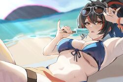 adjusting_eyewear alternate_costume arm_up armpits bikini black_hair blue_bikini breasts commentary_request day female food front-tie_bikini_top front-tie_top highres holding holding_food holding_popsicle large_breasts looking_at_viewer lying multicolored_hair navel ocean on_back orange_sarong ponytail popsicle reclining red_eyes red_hair sarong solo stomach streaked_hair sunglasses swimsuit yato_(yama0x1) zenless_zone_zero zhu_yuan