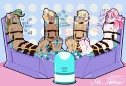 4girls anthro anthro_horse bailey_(wild_manes) barefoot bondage bondage_furniture candi_(wild_manes) cherie_(wild_manes) cocoa_(wild_manes) crying crying_with_eyes_open digital_media_(artwork) feet female naked naked_female nipple_bulge not_ai_generated robodom robot tickle_torture tickling tickling_feet wild_manes