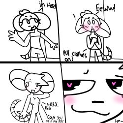 1:1 :3 anthro arlene(catary) blush bottomwear catary clothing dialogue door duo female hand_behind_head heart_pupils hi_res long_tail mammal mouse murid murine nude rodent shirt shorts tail tank_top topwear