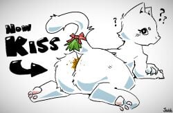 2022 anus artist_name ass barely_visible_anus blush blush_lines claws directional_arrow domestic_cat english_text feces feces_on_body feces_on_butt felid feline felis female feral jubb looking_at_viewer looking_back looking_back_at_viewer lying mammal mistletoe mistletoe_on_tail oblivious on_front pawpads pink_pawpads plant poop question_mark raised_tail scat shit simple_background solo tail text white_background white_claws