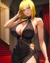 ai_generated anime anime_girl anime_style attractive bare_shoulders beautiful beautiful_females blonde_female breasts busty_female candlelight candles castle crystal crystal_earrings crystal_necklace curtain curvy dress fantasy female female_focus green_eyes indoors isaris-ai jonin kunoichi mansion massive_breasts muscular muscular_female naruto_(series) naruto_shippuden party_dress red_carpet samui seductive_eyes shonen_jump smiling_at_viewer stairs thick_thighs voluptuous_female