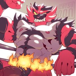 1boy abs anthro areola barazoku belly biceps big_hands black_fur catsudon claws close-up erection fangs feline fire fur furry green_eyes grey_fur grin gums huge_penis humanoid_penis incineroar looking_at_viewer male male_only mammal muscular muscular_male navel nintendo nipples nude orange_fur pecs penis pokémon_(species) pokemon pokemon_sm pubic_hair red_fur sharp_claws sharp_teeth smile solo source_request teeth text thick_penis thick_thighs triceps veins veiny_penis video_games watermark wrestler wrestling_ring yellow_sclera