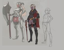 :< age_difference armor armored_boots ass_visible_through_thighs axe battle_axe blonde_hair boots bottomless bracelet cane cape commentary_request covered_nipples cowter dark_elf dark_skin elf erect_nipples gluteal_fold hand_on_hip helmet high_heel_boots high_heels horns jewelry jitome lipstick long_hair looking_at_viewer makeup mikoyan multiple_girls original pointy_ears pubic_hair short_hair shoulder_armor silver_hair size_difference sketch spaulders staff thighhighs weapon yellow_eyes