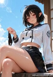 1girl ahoge ai_generated arm_support bangs black_hair black_panties black_ribbon black_skirt blue_sky blush bow_panties breasts buttons closed_mouth cloud covered_nipples crop_top crossed_legs day eyelashes feet_out_of_frame hair_between_eyes holding holding_clothes holding_panties holding_underwear kermixx lens_flare long_sleeves looking_at_viewer medium_breasts midriff miniskirt navel neck_ribbon outdoors panties panties_removed pleated_skirt pointy_ears red_eyes ribbon sailor_collar school_uniform seductive_smile see-through serafuku shameimaru_aya shiny shiny_skin shirt short_hair sitting skirt sky smile solo stomach sun sunlight thighs underwear wet wet_clothes wet_shirt white_shirt