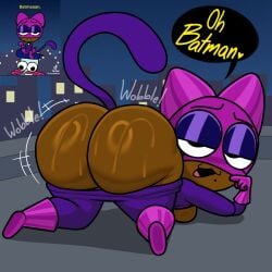 batman_(series) big_ass black_pupils black_woman butt_focus cat_ears cat_mouth cat_tail chucklebone criminal dark_eyeshadow dark_skinned_female dc fat_ass female_focus female_only japansadface latex_clothing latex_gloves latex_legwear looking_back looking_back_at_viewer mouth_open pink_clothing purple_clothing purple_eyeshadow round_ass sweaty_ass talking_to_viewer teasing teasing_viewer teasing_with_butt text thick_thighs villainess wobble wobble_(sound_effect)