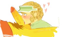 accountant_jim_(block_tales) big_penis block_tales blush cock cock_licking cum curly_hair gay heart-shaped_pupils player_(block_tales) pubic_hair roblox roblox_game robloxian shy sweater visor_cap yellow_body