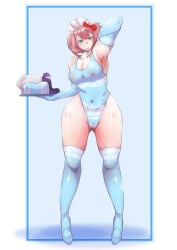 1girls aryawhatuask covered_erect_nipples doki_doki_literature_club looking_at_viewer navel_visible_through_clothes sayori_(doki_doki_literature_club) tenga tenga_outfit