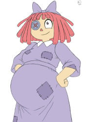 arrowdark blue_dress button_eye glitch_productions humanoid pregnancy pregnant pregnant_belly pregnant_female ragatha_(the_amazing_digital_circus) red_hair red_hair_female sketch solo the_amazing_digital_circus