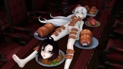 beheaded black_hair blue_eyes cannibalism decapitated_head dinner_table eyes_wide_open fear food food_on_body food_play gore gray_eyes guro pale-skinned_female ruby_rose rwby scared_expression serving_food shocked_expression short_hair snuff weiss_schnee white_hair wine