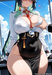 1boy 1girl ai_assisted ai_generated bangs blue_eyes blue_hair blue_sky breast_grab breasts covered_navel curvaceous curvy curvy_female curvy_figure day female genshin_impact glasses grabbing heart id_card large_breasts long_hair looking_at_viewer miyuai necktie see-through shirt sky solo_focus thick thick_ass thick_butt thick_hips thick_legs thick_thighs thighs voluptuous voluptuous_female wet wet_clothes wide_hips wide_thighs xianyun_(genshin_impact)