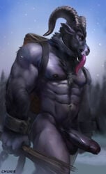 1boy 2018 abs anthro artist_name ball_tuft balls ballsack basket beefy black_hair body_fur caprine chunie collar demon detailed_background erection fangs foreskin goat grey_fur horns humanoid_penis intact krampus long_foreskin long_tongue loose_foreskin male male_nipples male_only male_pubic_hair mammal masculine mature_male muscles muscular_male nude_male open_mouth outside pecs penis precum pubes scrotum shackles solo testicles tongue tongue_out uncut unretracted_foreskin vein veiny_penis