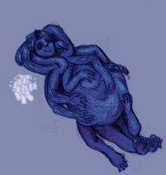 asleep belly belly_bulge belly_focus belly_grab blue_body blue_skin burn_scar dog_tags dogtags eyes_closed hands_behind_head hands_on_stomach hands_together kneading lesbianfleshcentre look_outside memorial_(look_outside) monster multi_limb naked no_visible_genitalia nose nude pleased_expression rubbing rubbing_self sleeping smile smiling solo stomach tagme unusual_hair vore vore_belly