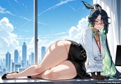1girl ai_assisted ai_generated bangs bare_legs belt black_footwear black_gloves black_hair black_skirt blue_eyes breasts cloud curvaceous curvy curvy_female curvy_figure day earrings female genshin_impact glasses gloves hair_ornament high_heels jewelry large_breasts legs long_hair long_sleeves looking_at_viewer miniskirt miyuai mole multicolored_hair on_side pencil_skirt semi-rimless_eyewear shirt skirt sky smile solo thick thick_ass thick_butt thick_hips thick_legs thick_thighs thighs very_long_hair voluptuous voluptuous_female wide_hips wide_thighs xianyun_(genshin_impact)