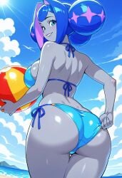 adjusting_bikini ai_generated beach beach_background beach_ball bikini cyan glitch_productions knights_of_guinevere princess_guinevere side_tie_bikini side_tie_bikini_bottom