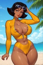 1girls ai_assisted ai_generated alex_(totally_spies) areola_peek beach belly_button black_hair black_outline cameltoe caramel-skinned_female cleavage collared eyelashes female female_only green_eyes half-closed_eyes hand_in_hair hourglass_figure inner_sideboob large_breasts latex_clothing lipstick long_sleeves looking_at_viewer midriff narrow_waist nipple_outline ocean ocean_background palm_leaf pelvic_line pose realistic rgomez007 seductive_look self_upload short_hair skindentation slight_smile stable_diffusion sunglasses_on_head swimsuit thick_eyelashes thick_lips thick_outline thick_thighs totally_spies wide_hips yellow_clothing zipper_down