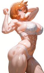 1girl abs ai_generated alternate_muscle_size aqua_eyes arm arm_behind_head armpits arms_up biceps blue_eyes blush bodily_fluids bra breasts busty cleavage closed_mouth clothing female female_only green_eyes kasumi_(pokemon) large_breasts lingerie looking_at_viewer misty_(pokemon) misty_(pokemon_hgss) muscle muscular_female navel obliques orange_hair pantsu pokemon shiny_skin short_hair sideboob smile solo sweat thick_thighs thighs toned underwear underwear_only veins veiny_breasts white_bra white_panties white_underwear