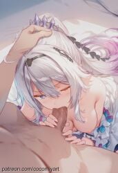 1boy 1girl 2026 ahoge ai_generated bare_shoulders blue_eyes blush breasts breasts_out clothes_pull cocomiyart dress dress_pull fellatio gradient_hair hair_between_eyes hair_ornament hand_on_another's_head heart heart-shaped_pupils hetero highres kiana_kaslana long_hair medium_breasts multicolored_hair nipples nsfw one_eye_closed oral penis pink_hair ponytail pov saliva solo_focus symbol-shaped_pupils tiara uncensored very_long_hair white_dress white_hair