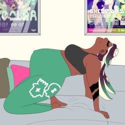 1girls basking beauty_mark bed belly big_belly breasts dark-skinned_female dark_skin enjoying_pregnancy female hand_on_belly huge_pregnant_belly inkloving kicking_(pregnancy) looking_at_viewer looking_down looking_down_at_viewer marina_(splatoon) nintendo octoling octoling_girl posing posing_for_the_viewer pregnant pregnant_belly pregnant_female splatoon splatoon_(series) splatoon_2 stretching