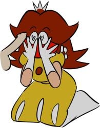 2025 2d balls blush blushing_profusely brown_hair clothed clothed_female clothing color covering_face crown digitalkaiju dress earrings erection eyebrows_visible_through_hair faceless_male fully_clothed gloves heart-shaped_pupils kneeling long_hair looking_at_penis mario_(series) nintendo penis penis_awe princess princess_daisy princess_daisy_(xandrecos) uncircumcised unseen_male_face xandrecos