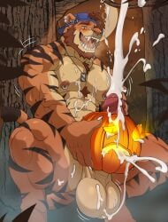 2025 abs absurd_res ahegao anthro backwards_baseball_cap backwards_hat balls bandage bandage_on_face bandage_on_nose barazoku baseball_cap beard biceps blue_clothing blue_eyes blue_hat blue_headwear bodily_fluids brown_hair chest_tuft claws clothing crouching cum cum_fountain deltoids ear_piercing ear_ring facial_hair facial_piercing felid finger_claws forearm_muscles foreskin forest fur furgonomic_hat furgonomic_headwear furgonomics genital_fluids genitals hair halloween hat headgear headwear hi_res holidays jack-o'-lantern jewelry ledge_(ledgerdamayn) looking_pleasured male mammal moon multicolored_body multicolored_fur muscular muscular_anthro muscular_male necklace night nipple_piercing nipple_ring nipples nose_piercing nose_ring nude orange_body orange_fur outside pantherine pecs penis piercing plant pumpkin_fucking ring_piercing septum_piercing septum_ring solo striped_body striped_fur stripes tail tan_body tan_fur tiger tree tuft wolfybuns