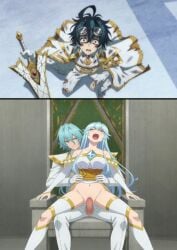 betrayal bottomless dick elfaria_albis_serfort goggles goggles_on_head indoors julius_reinberg long_hair long_sleeves ntr reverse_cowgirl_position riding_penis sex_from_behind sitting sitting_on_lap tsue_to_tsurugi_no_wistoria vaginal_penetration watching watching_sex will_serfort wounded