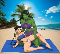 2girls anoneysnufftan applying_sunscreen beach beach_towel bikini black_hair braided_hair dark_green_hair embarrassed female female_only green_eyes green_skin hair_bun humiliation imminent_death jennifer_walters killer_lotion long_hair marvel massage murder muscular_female omiiverse pai_chan peril photo_background punishment rubbing she-hulk size_difference snuff summer sunbathing swimsuit towel virtua_fighter