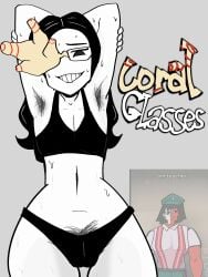 2girls armpit_hair armpits arms_up black_hair coral_glasses dream_bbq ena ena_(dream_bbq) ena_(series) female glasses grin hairy_pussy sweat sweaty tea_n_coffee text