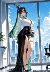 1girl ai_assisted ai_generated black_gloves black_hair bra breasts cloud curvaceous curvy curvy_female curvy_figure earrings female genshin_impact glasses gloves high_heels huge_breasts long_hair looking_at_viewer miyuai mole mole_under_eye mole_under_mouth necktie pencil_skirt semi-rimless_eyewear shirt skirt sky solo standing thick thick_ass thick_butt thick_hips thick_legs thick_thighs underwear very_long_hair voluptuous voluptuous_female white_shirt wide_hips wide_thighs xianyun_(genshin_impact)