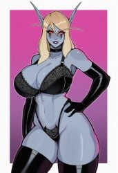 ai_generated big_breasts elf hand_on_hip hereticus huge_breasts latex latex_clothing lingerie sylvanas_windrunner warcraft wide_hips wide_thighs world_of_warcraft