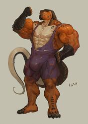 anthro barely_visible_genitalia barely_visible_penis big_bulge bulge clothed clothing flexing goroguro lizard male male_only muscular muscular_male penis reptile scalie smile solo standing torn_clothing veiny_muscles wrestling_singlet