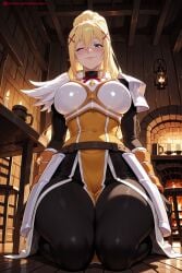1girl ai_generated armor armored_boots black_bodysuit blonde_hair blue_eyes blush bodysuit boots braid breastplate breasts darkness_(konosuba) hair_ornament hairclip hi_res high_quality high_resolution kiraamane kono_subarashii_sekai_ni_shukufuku_wo! large_breasts long_hair looking_at_viewer one_eye_closed patreon patreon_username pauldrons ponytail seductive sexy shoulder_armor sidelocks sitting smile solo uncensored watermark