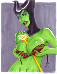 1girls 2010 big_breasts breasts chris_foulkes cleavage disney female female_only green_skin maleficent sleeping_beauty_(1959_film) solo traditional_media_(artwork)