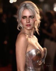 1girls ai_generated breasts cd_projekt_red ciri cirilovve female freckles freckles_on_face green_eyes light-skinned_female light_skin looking_at_viewer mascara nipples public public_nudity scar silver_dress the_witcher_(series) the_witcher_3:_wild_hunt white_hair