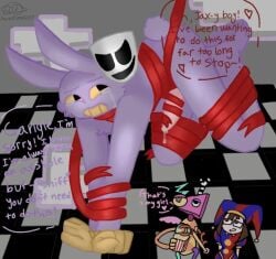1boy 1nonbinary 2girls anthro artist:hazelmole77 bunny english_text female_raping_male gangle_(the_amazing_digital_circus) glitch_productions handjob jax_(the_amazing_digital_circus) nonconsensual people_watching pink_penis pomni_(the_amazing_digital_circus) precum rabbit rape restrained reverse_rape straight_sex suspended tears the_amazing_digital_circus unusual_anatomy zooble_(the_amazing_digital_circus)