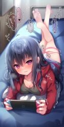 1girl absurdres amatsuji aniki_(yukata_to_rape_to_aniki_to_ore_to.) aroused ass backlighting bare_legs barefoot black_hair black_shirt bloom blurry blurry_background blush braid breasts cleavage closed_mouth collarbone commentary depth_of_field drooling eyelashes eyes_visible_through_hair feet female_masturbation furrowed_brow hair_between_eyes hair_spread_out handheld_game_console heart heart-shaped_pupils heavy_breathing highres holding holding_handheld_game_console hood hood_down hooded_jacket indoors jacket knees_together_feet_apart large_breasts legs light_particles long_hair long_sleeves looking_at_viewer lying masturbation mouth_drool nintendo_switch no_pants on_bed on_stomach open_clothes open_jacket open_mouth panties pillow playing_games playing_video_games purple_eyes red_jacket sex_toy shirt sidelocks single_braid soles solo sound_effects speech_bubble straight_hair symbol-shaped_pupils the_pose thigh_strap toenails toes translation_request twitching underwear variant_set vibrator vibrator_cord vibrator_under_clothes vibrator_under_panties white_panties yukata_to_rape_to_aniki_to_ore_to.