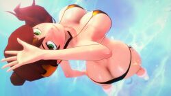 1girls bikini bikini_bottom bikini_top green_eyes half-dressed half_naked half_naked_female logang45 pyrrha_nikos red_hair red_hair_female rwby solo_female