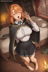 1girl ai_generated barefoot blush book bookshelf breasts cape cellphone colette_loire female female_only hi_res high_quality high_resolution indoors large_breasts looking_at_viewer open_mouth orange_hair patreon phone savvyraexo seductive sexy shirt skirt solo tongue uncensored watermark wooden_floor